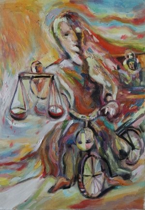 goddess of justice on a bicycle   